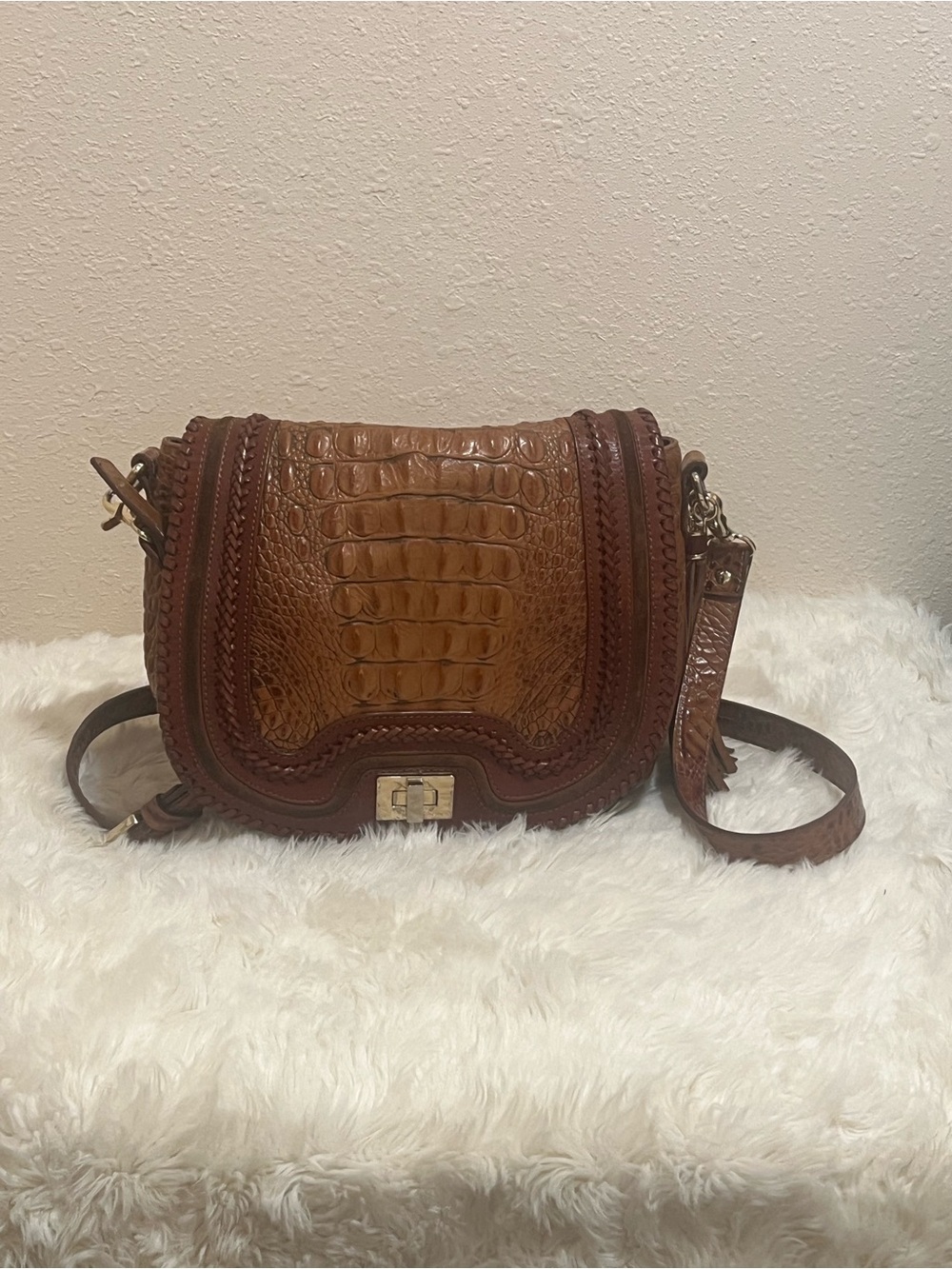 Brown Croc-Embossed Leather Crossbody Bag